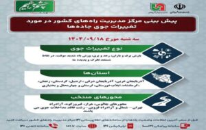 اطلاع نگاشت| پیشبینی تغییرات جوی در جادههای کشور در روز سهشنبه ۱۸ آذرماه ۱۴۰۴ اطلاع نگاشت| پیشبینی تغییرات جوی در جادههای کشور در روز سهشنبه ۱۸ آذرماه ۱۴۰۴