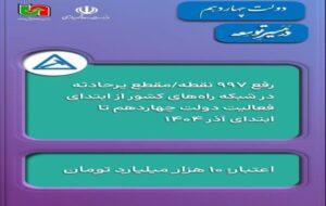 اطلاعنگاشت | رفع ۹۹۷ نقطه پرحادثه در شبکه راههای کشور در دولت چهاردهم اطلاعنگاشت | رفع ۹۹۷ نقطه پرحادثه در شبکه راههای کشور در دولت چهاردهم