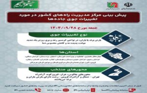 وضعیت جوی جادهها | پیشبینی تغییرات جوی در جادههای کشور در روز جمعه ۲۸ آذرماه ۱۴۰۴ وضعیت جوی جادهها | پیشبینی تغییرات جوی در جادههای کشور در روز جمعه ۲۸ آذرماه ۱۴۰۴