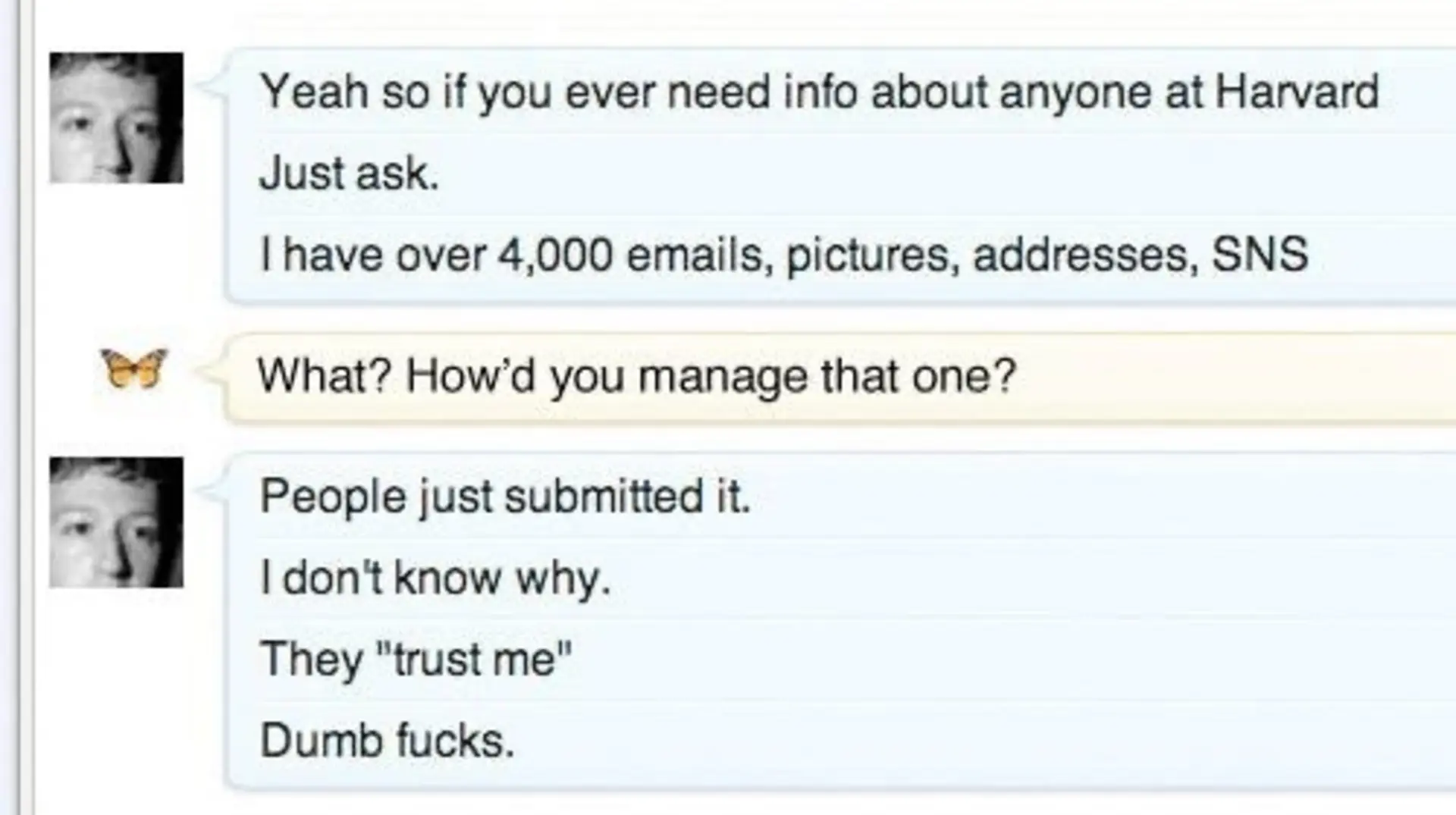 امنیت واتساپ زیر سوال رفت؛ مدیرعامل تلگرام، چت قدیمی مارک زاکربرگ را فاش کرد متن چت مارک زاکربرگ با همدانشگاهیاش