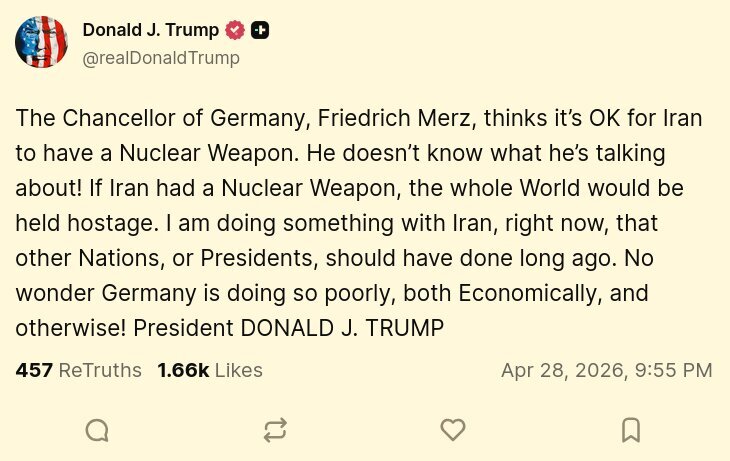 وحشت ترامپ از سلاح هستهای ایران در پست جدیدش وحشت ترامپ از سلاح هستهای ایران در پست جدیدش